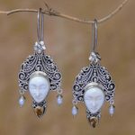 Citrine and cultured pearl dangle earrings, 'Jepun Janger' - Citrine and Cultured Pearl Dangle Earrings from Bali