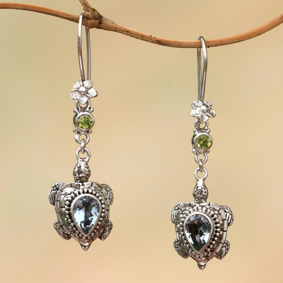 Blue topaz and peridot dangle earrings, 'Jepun Turtles' - Blue Topaz and Peridot Turtle Earrings from Bali
