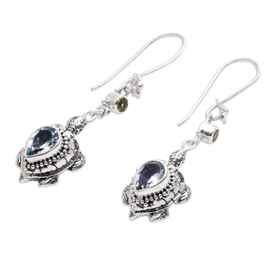Blue topaz and peridot dangle earrings, 'Jepun Turtles' - Blue Topaz and Peridot Turtle Earrings from Bali