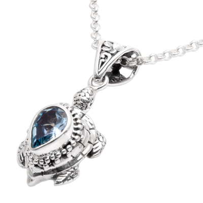 Blue topaz pendant necklace, 'Jepun Turtle' - Blue Topaz Turtle Pendant Necklace from Bali