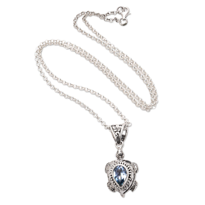 Blue topaz pendant necklace, 'Jepun Turtle' - Blue Topaz Turtle Pendant Necklace from Bali