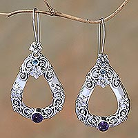 Amethyst and blue topaz dangle earrings, 'Jepun Regency' - Floral Amethyst and Blue Topaz Dangle Earrings from Bali