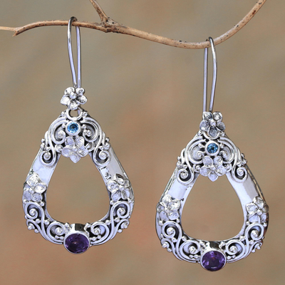 Amethyst and blue topaz dangle earrings, 'Jepun Regency' - Floral Amethyst and Blue Topaz Dangle Earrings from Bali