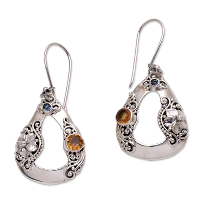 Floral Citrine and Blue Topaz Dangle Earrings from Bali