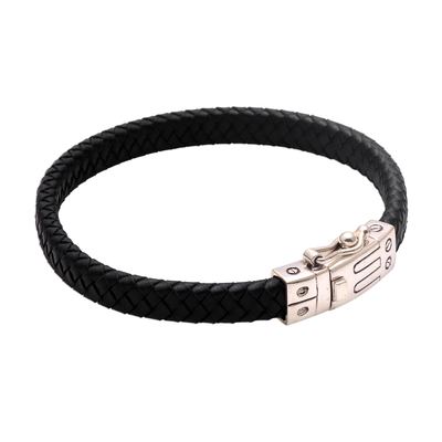 Leather braided wristband bracelet, 'Remember Good Times' - Unisex Braided Leather Wristband Bracelet from Bali