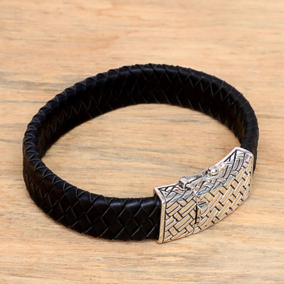Men's leather braided wristband bracelet, 'Bedeg Style' - Men's Braided Leather Wristband Bracelet from Bali