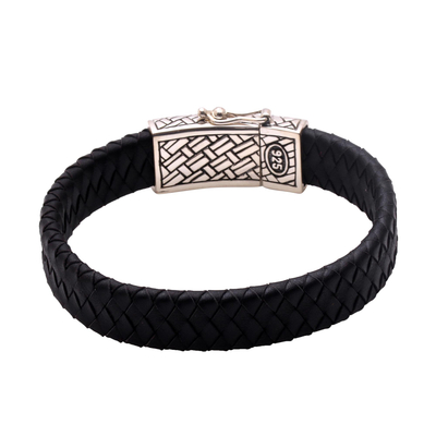 Men's leather braided wristband bracelet, 'Bedeg Style' - Men's Braided Leather Wristband Bracelet from Bali