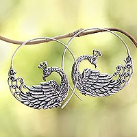 Sterling silver half-hoop earrings, 'Peacock Swirl' - Sterling Silver Peacock Half-Hoop Earrings from Bali