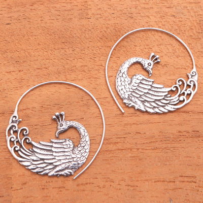 Sterling silver half-hoop earrings, 'Peacock Swirl' - Sterling Silver Peacock Half-Hoop Earrings from Bali