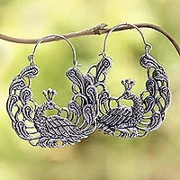 Sterling silver hoop earrings, 'Peacock Garden' - Sterling Silver Peacock Hoop Earrings from Bali