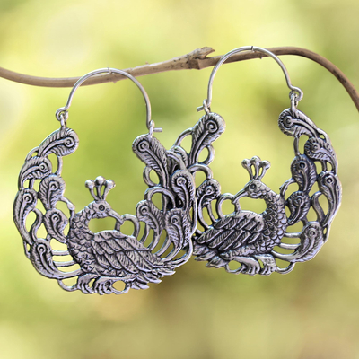 Sterling silver hoop earrings, 'Peacock Garden' - Sterling Silver Peacock Hoop Earrings from Bali