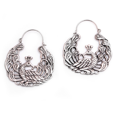 Sterling silver hoop earrings, 'Peacock Garden' - Sterling Silver Peacock Hoop Earrings from Bali