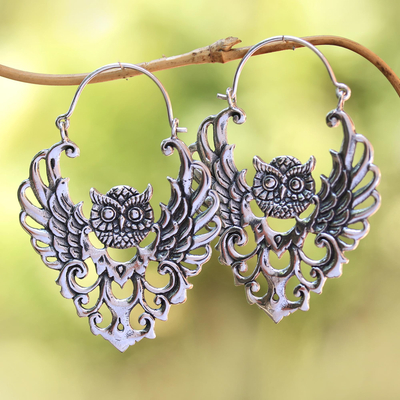 Ohrringe aus Sterlingsilber, 'Owl Majesty - Eulenohrringe aus Sterlingsilber aus Bali