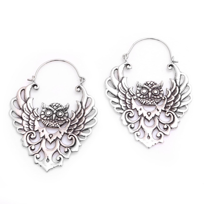 Sterling silver hoop earrings, 'Owl Majesty' - Sterling Silver Owl Hoop Earrings from Bali