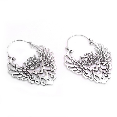 Sterling silver hoop earrings, 'Owl Majesty' - Sterling Silver Owl Hoop Earrings from Bali
