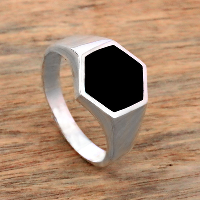 Sterling silver signet ring, 'Bold Hex' - Sterling Silver and Black Resin Hexagonal Signet Ring