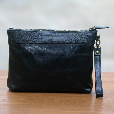 Leather wristlet, 'Jogja Guardian in Black' - Handmade Black Leather Wristlet with Interior Pockets