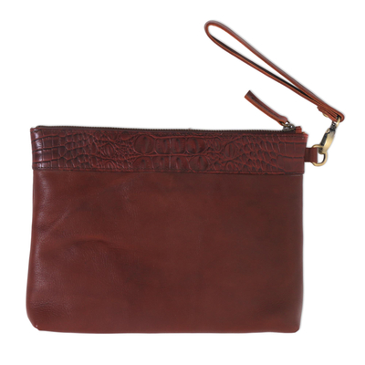 Leather wristlet, 'Jogja Guardian in Mahogany' - Handmade Mahogany Brown Leather Wristlet with Pockets