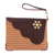 Leather accent cotton wristlet, 'Linear Landscape in Brown' - Multi-Color Striped Cotton Wristlet with Brown Leather Flap (image 2b) thumbail
