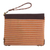 Leather accent cotton wristlet, 'Linear Landscape in Brown' - Multi-Color Striped Cotton Wristlet with Brown Leather Flap