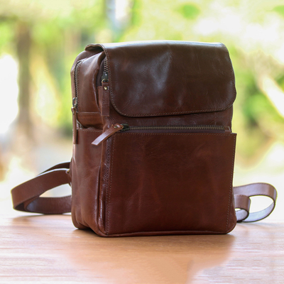 Leather backpack, 'Savvy Trekker' - Handcrafted Leather Backpack Purse with Zippered Pockets
