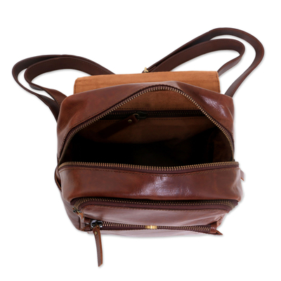 Leather backpack, 'Savvy Trekker' - Handcrafted Leather Backpack Purse with Zippered Pockets