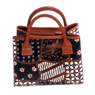 Leather batik handbag, 'Truntum Starlight' - Black and Buff Hand Painted Javanese Motifs Leather Handbag