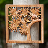 Wood relief panel, 'Greenery View' - Hand-Carved Balinese Tree Relief Panel in Suar Wood