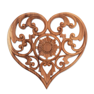 Wood relief panel, 'Lotus Love' - Hand-Carved Heart and Lotus Flower Wood Relief Panel