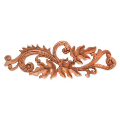Wood relief panel, 'Majestic Fern' - Bali Hand-Carved Suar Wood Leafy Fern Relief Panel