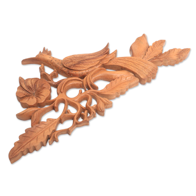 Reliefplatte aus Holz - Handgeschnitzte balinesische Myna-Vogel-Reliefplatte aus Suar-Holz