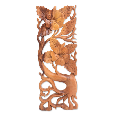 Wood relief panel, 'Hibiscus Branch' - Hand-Carved Rectangular Hibiscus Relief Panel for the Wall