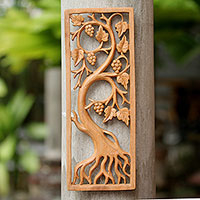 Wood relief panel, 'Ripening Grapes' - Hand-Carved Suar Wood Grapevine Ornate Relief Panel