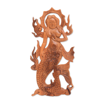 Wood relief panel, 'South Sea Queen' - Hand-Carved Wood South Sea Queen Mermaid Relief Panel