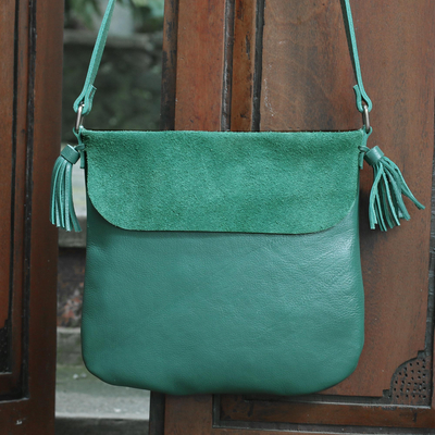 Leather sling, 'Teal Dancer' - Handcrafted Leather Sling in Teal from Java
