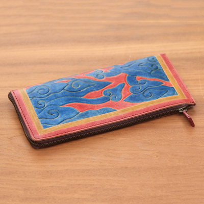 Leather wallet, 'Mystic Mendung' - Red Orange and Blue Cloudy Mendung Leather Wallet