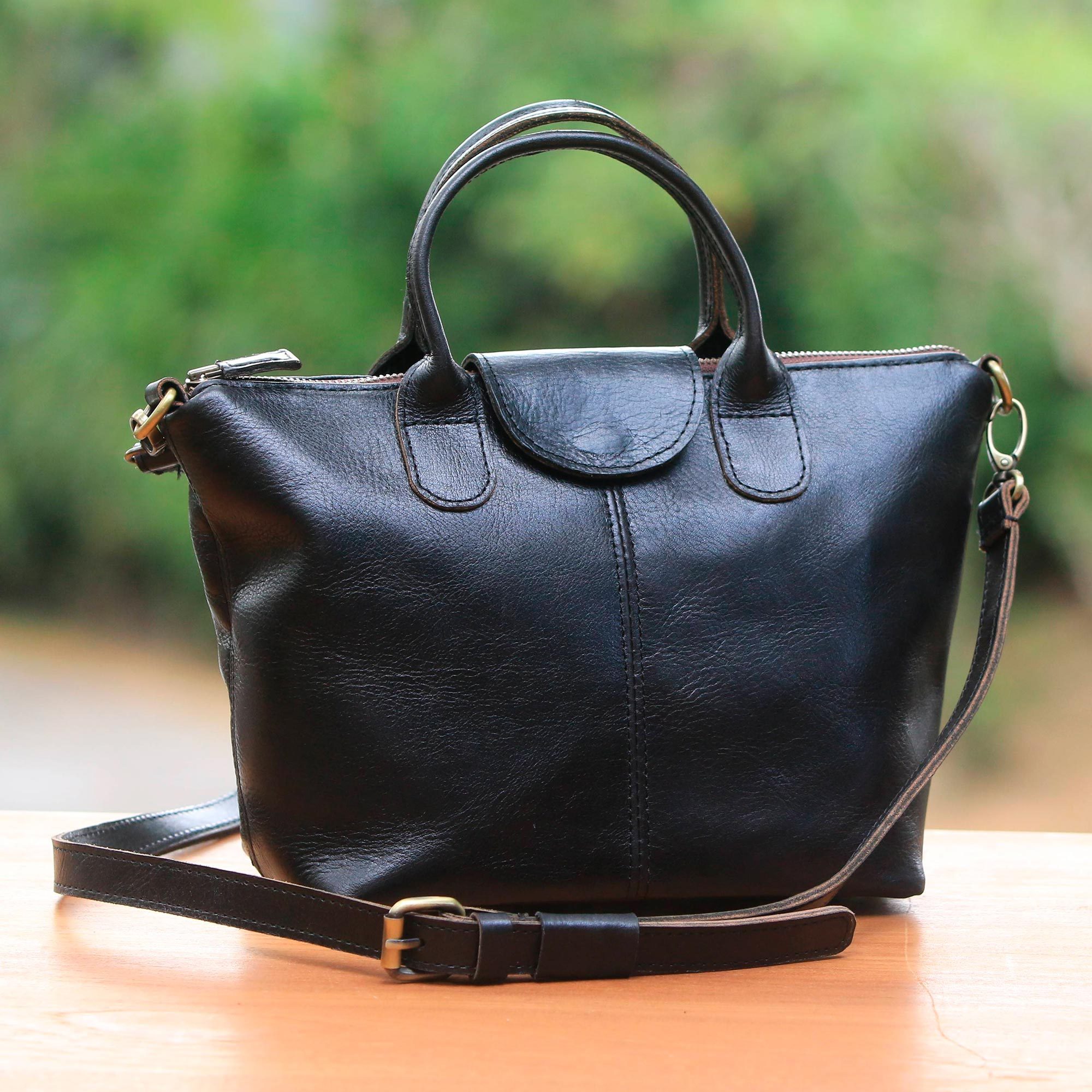 Handmade Black Leather Handbag With Strap And Handles Belle In