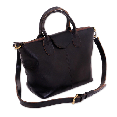 Lederhandtasche - Handgefertigte Handtasche aus schwarzem Leder mit Riemen und Griffen