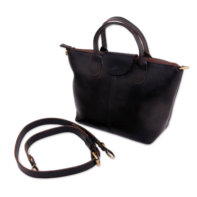 Leather handbag, 'Belle in Black' - Handmade Black Leather Handbag with Strap and Handles