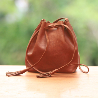 Leather bucket bag, 'Cognac Traveler' - Handcrafted Leather Bucket Bag Handbag from Indonesia