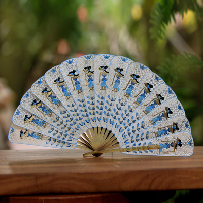 Leather fan, 'Srikandi's Breeze' - Cream with Blue and Golden Accent Leather Parchment Fan