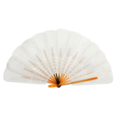 Leather fan, 'Srikandi's Image' - Artisan Crafted Cream Leather Fan with Srikandi Likeness