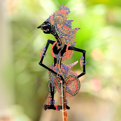Leather shadow puppet, 'Noble Krishna' - Handcrafted Krishna Colorful Leather Shadow Puppet