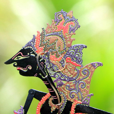 Leather shadow puppet, 'Noble Krishna' - Handcrafted Krishna Colorful Leather Shadow Puppet