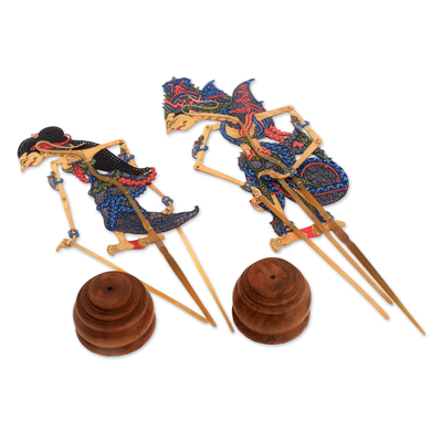 Leather shadow puppets, 'Majestic Rama and Sita' (pair) - Hand-Painted Leather Rama and Sita Pair of Shadow Puppets