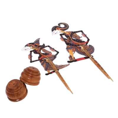 Leather shadow puppets, 'Kamajaya in Color' (pair) - Kamajaya and Kamaratih Leather Shadow Puppets (Pair)