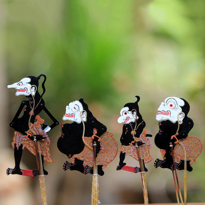 Leather shadow puppets, 'The Punokawans in Black' (set of 4) - Black and Red Punokawan Leather Shadow Puppets (Set of 4)