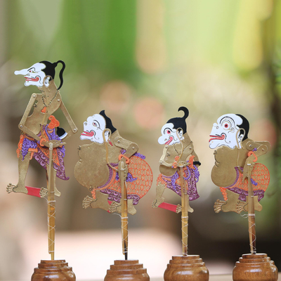 Leather shadow puppets, 'The Punokawans in Gold' (set of 4) - Colorful Punokawan Leather Shadow Puppets (Set of 4)