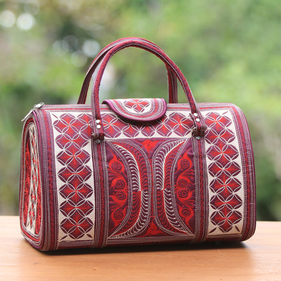 Handtasche mit Baumwollhenkel, 'Banda Aceh'. - Rot und weiß handbestickte Handtasche aus Baumwolle