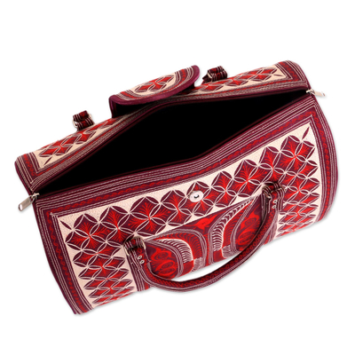 Cotton handle handbag, 'Banda Aceh' - Red and White Handwoven Embroidered Cotton Handbag